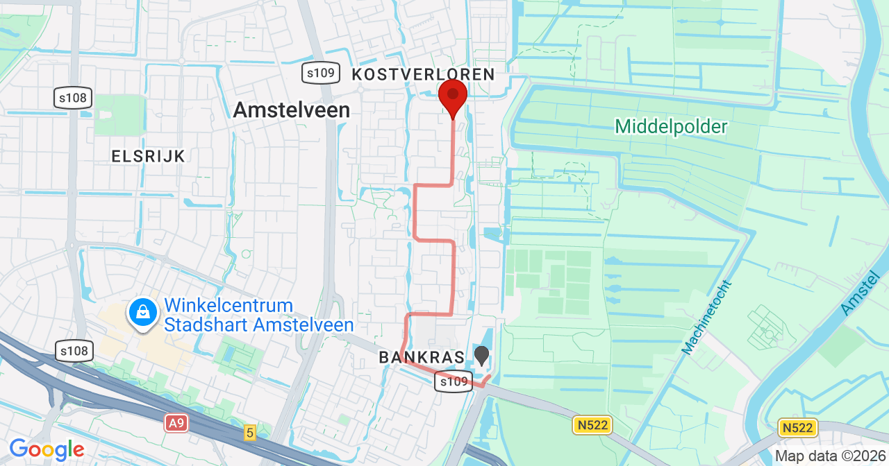 Kaart van het incident in Amstelveen met de aanrijroutes van de gealarmeerde eenheden