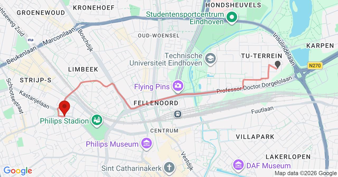 Kaart van het incident in Eindhoven met de aanrijroutes van de gealarmeerde eenheden