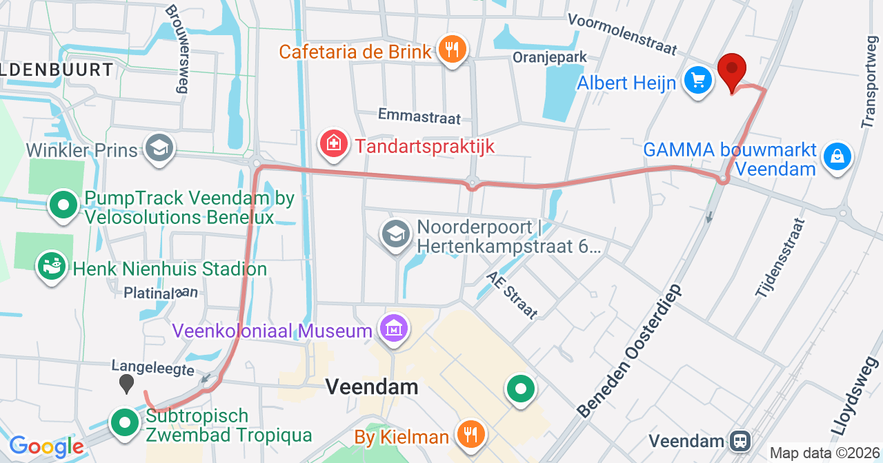 Kaart van het incident in Veendam met de aanrijroutes van de gealarmeerde eenheden