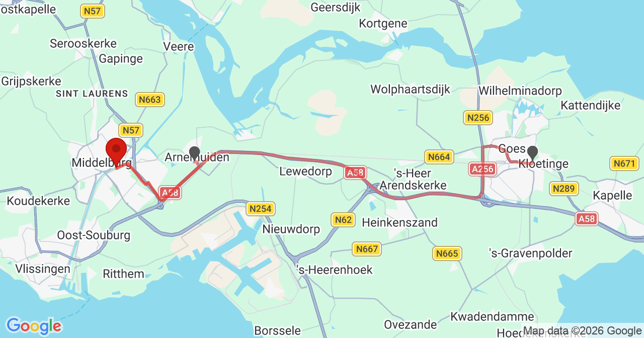 Kaart van het incident in Middelburg met de aanrijroutes van de gealarmeerde eenheden