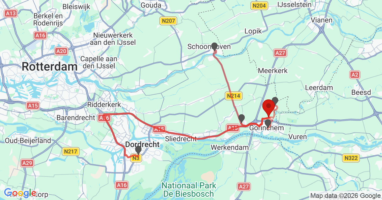 Kaart van het incident in Gorinchem met de aanrijroutes van de gealarmeerde eenheden