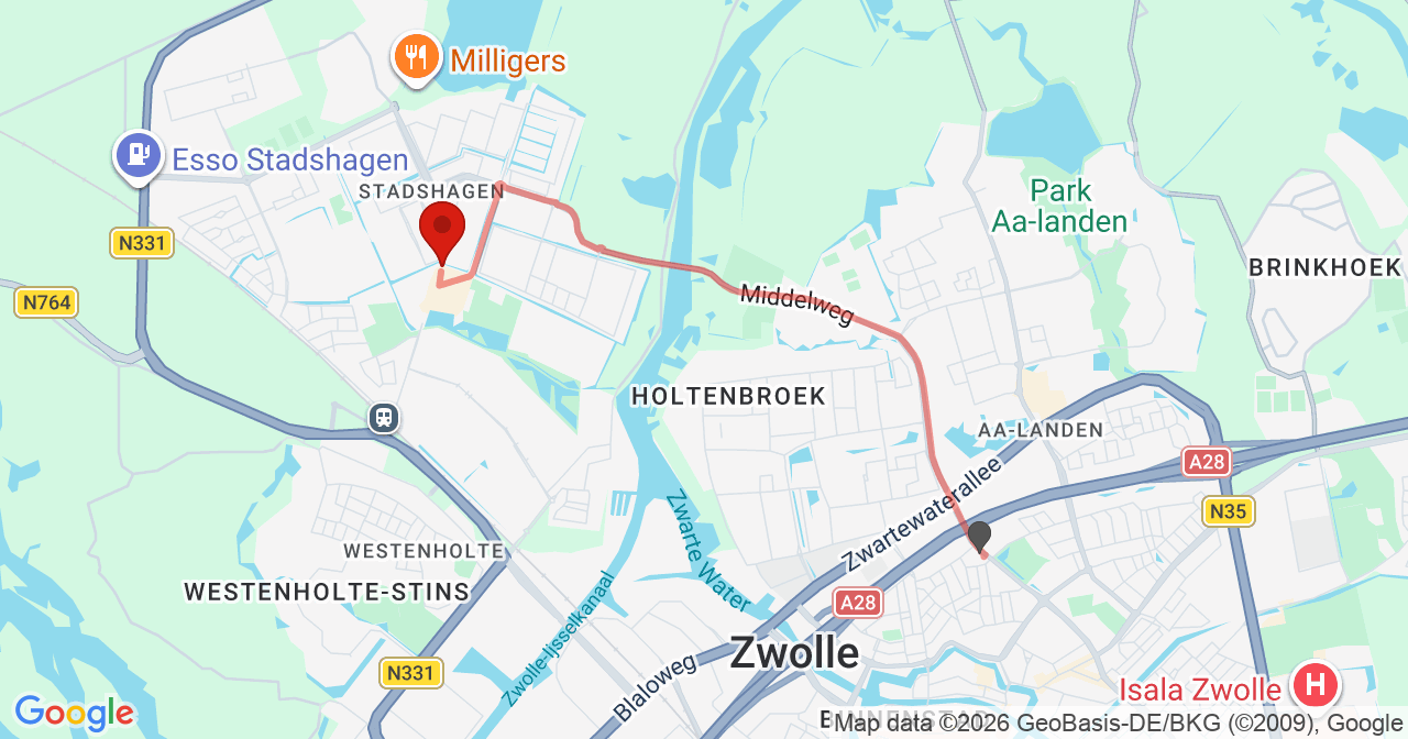 Kaart van het incident in Zwolle met de aanrijroutes van de gealarmeerde eenheden
