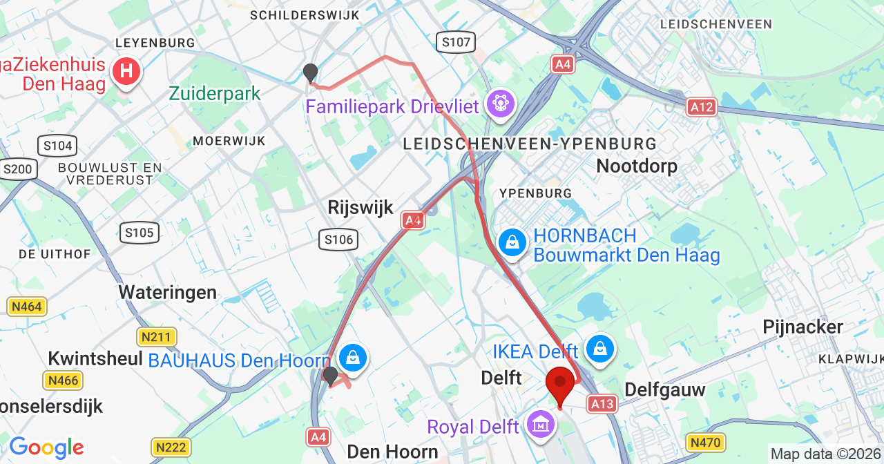 Kaart van het incident in Delft met de aanrijroutes van de gealarmeerde eenheden