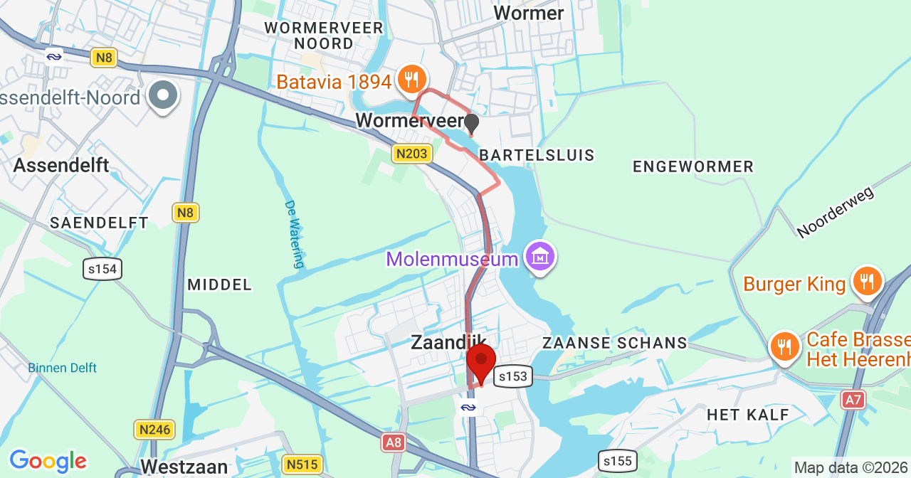 Kaart van het incident in Zaandijk met de aanrijroutes van de gealarmeerde eenheden