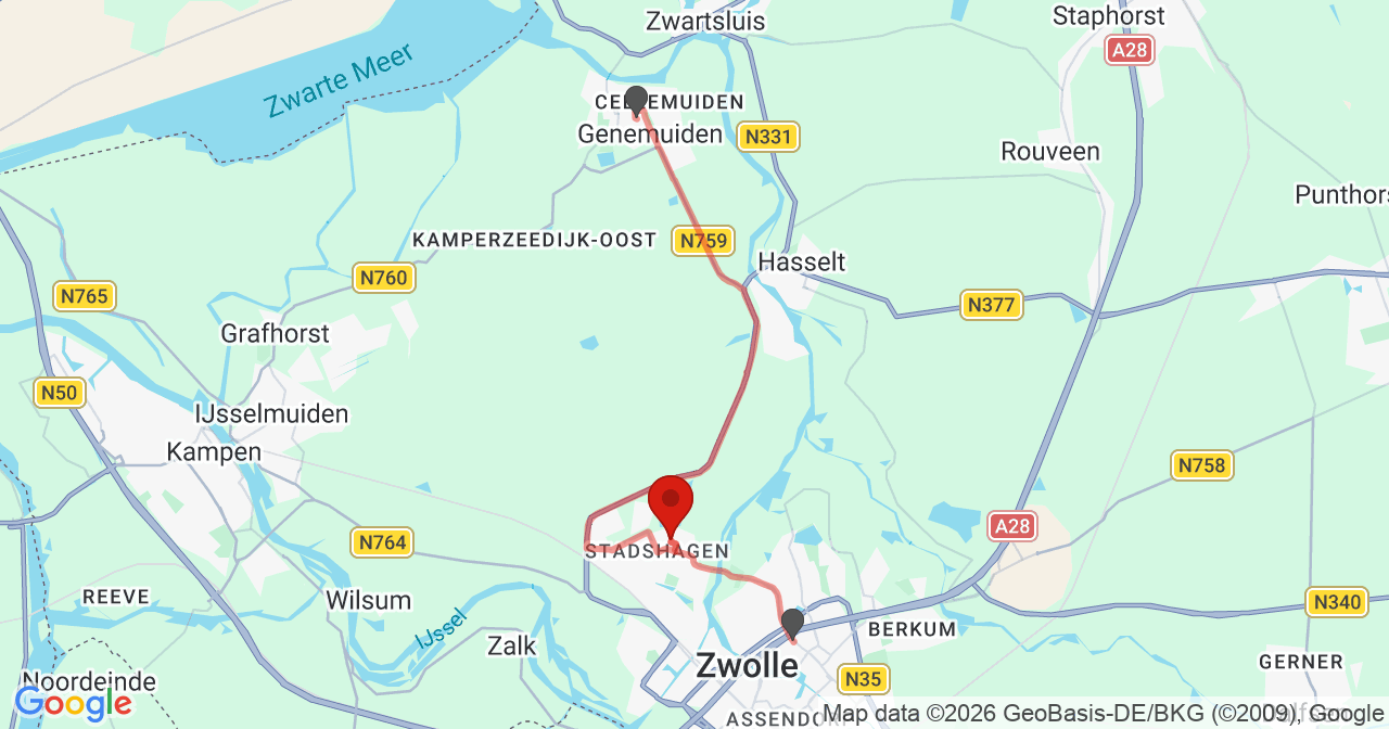 Kaart van het incident in Zwolle met de aanrijroutes van de gealarmeerde eenheden