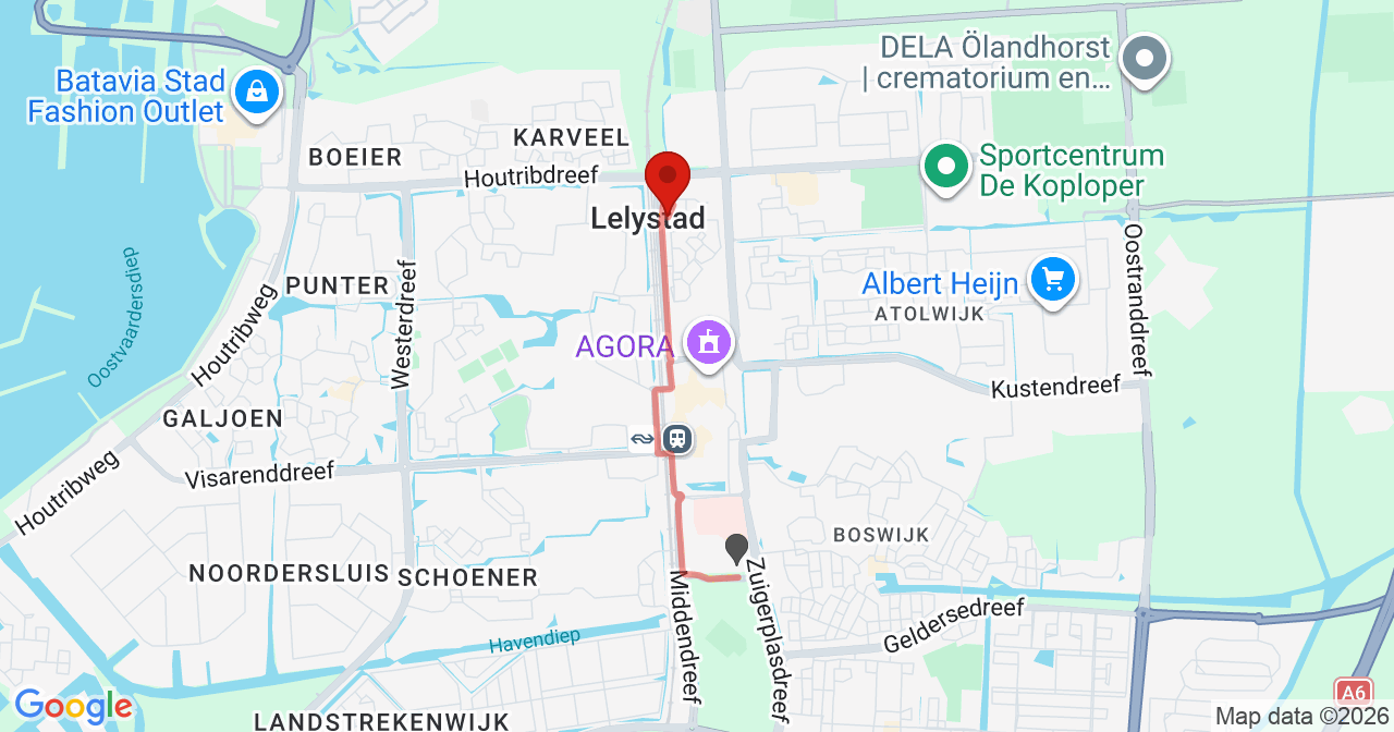 Kaart van het incident in Lelystad met de aanrijroutes van de gealarmeerde eenheden