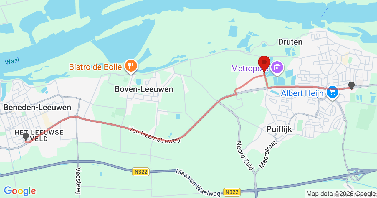 Kaart van het incident in Druten met de aanrijroutes van de gealarmeerde eenheden