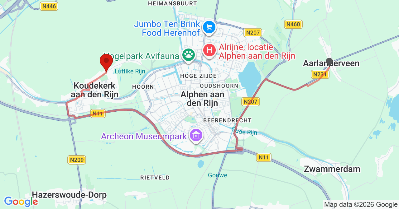 Kaart van het incident in Koudekerk aan den Rijn met de aanrijroutes van de gealarmeerde eenheden
