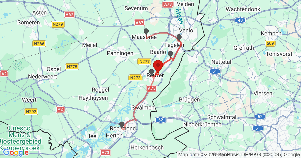 Kaart van het incident in Reuver met de aanrijroutes van de gealarmeerde eenheden