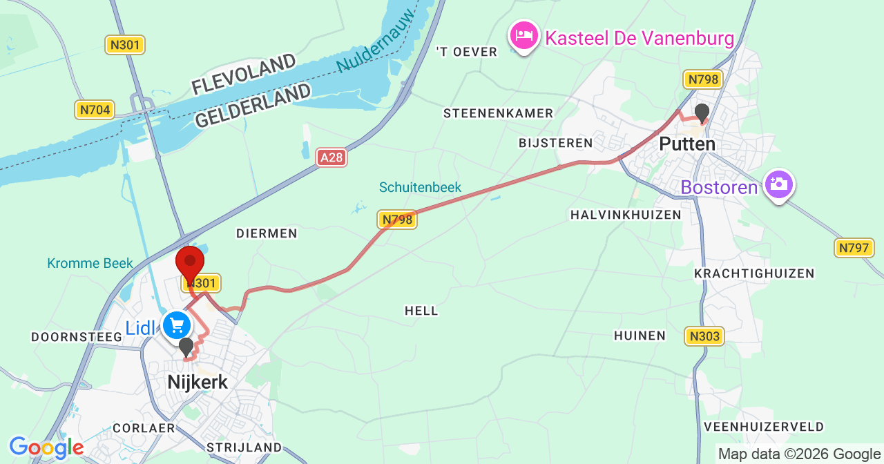 Kaart van het incident in Nijkerk met de aanrijroutes van de gealarmeerde eenheden