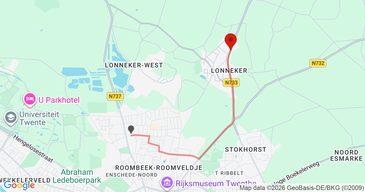Kaart van het incident in Enschede met de aanrijroutes van de gealarmeerde eenheden