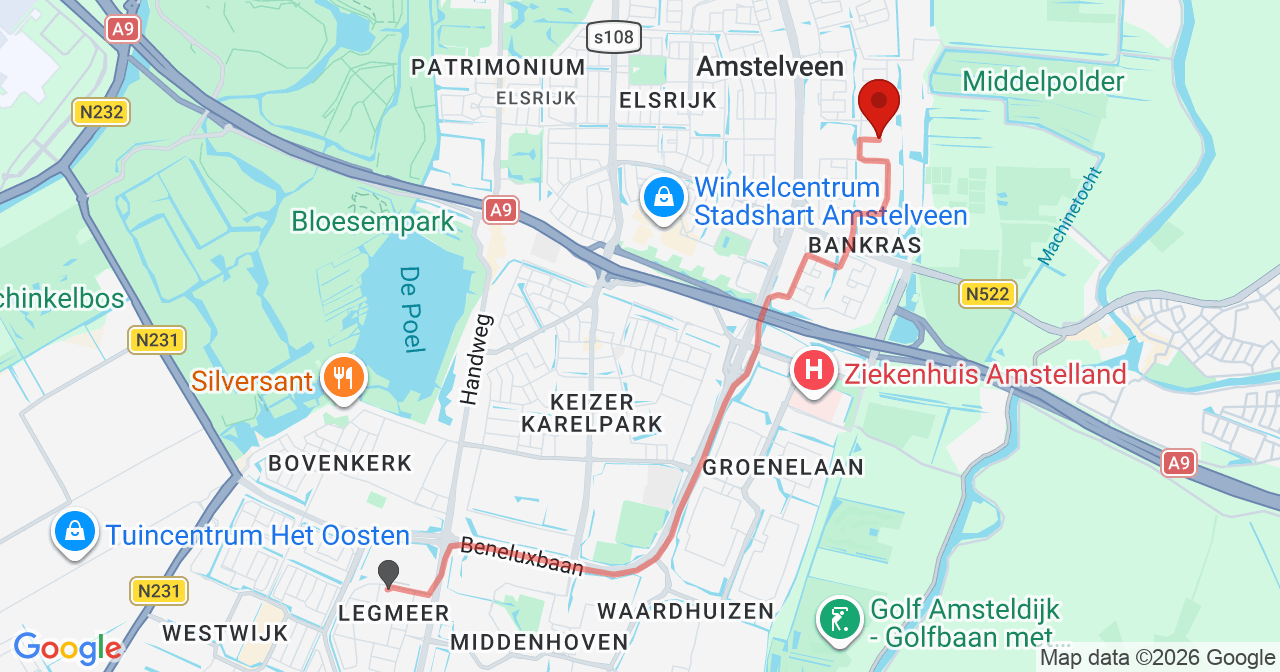 Kaart van het incident in Amstelveen met de aanrijroutes van de gealarmeerde eenheden