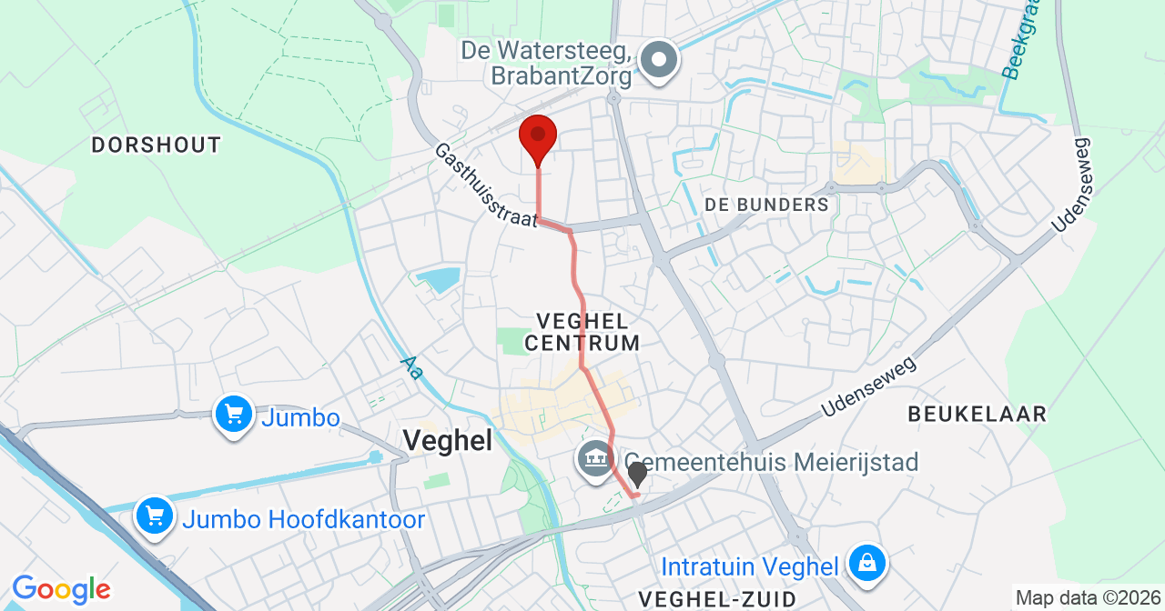 Kaart van het incident in Veghel met de aanrijroutes van de gealarmeerde eenheden