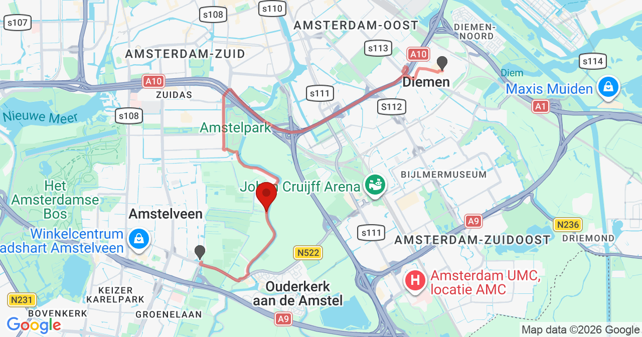 Kaart van het incident in Amstelveen met de aanrijroutes van de gealarmeerde eenheden