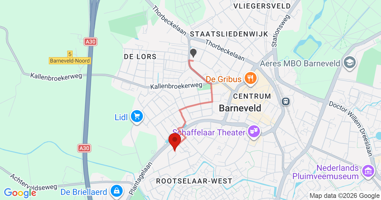 Kaart van het incident in Barneveld met de aanrijroutes van de gealarmeerde eenheden