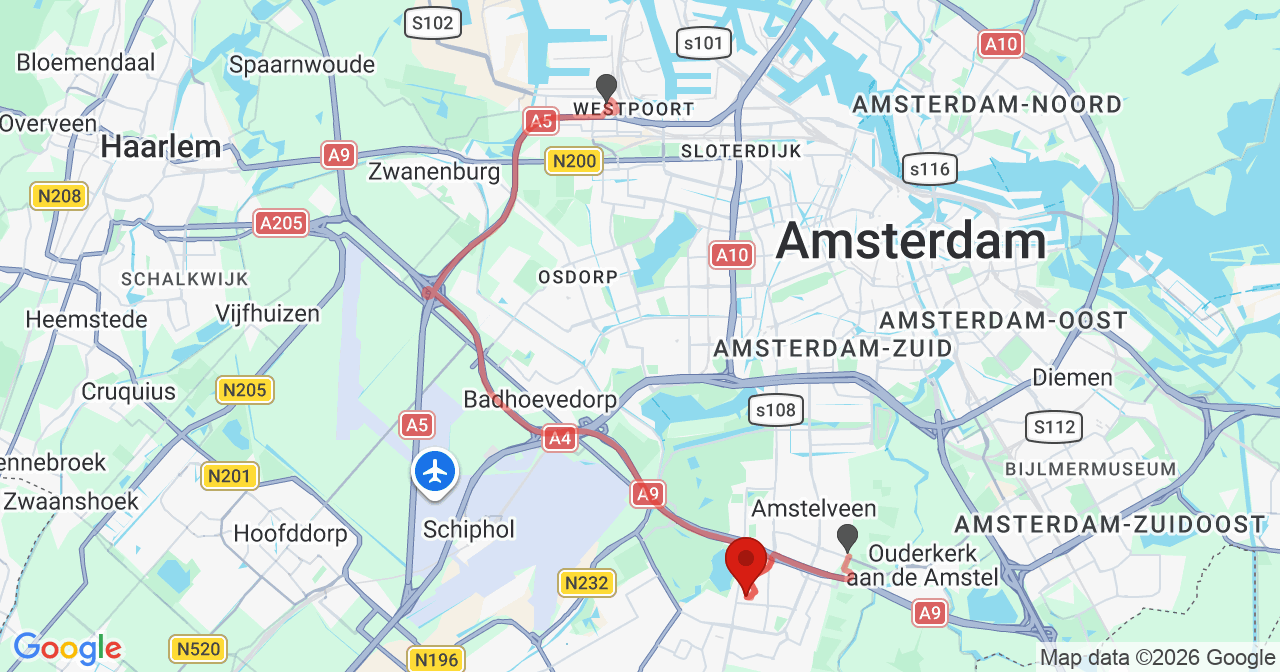 Kaart van het incident in Amstelveen met de aanrijroutes van de gealarmeerde eenheden