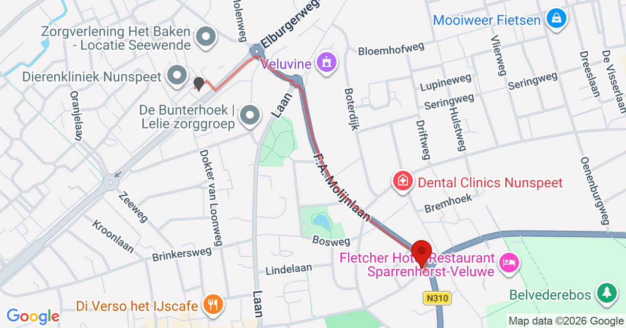 Kaart van het incident in Nunspeet met de aanrijroutes van de gealarmeerde eenheden