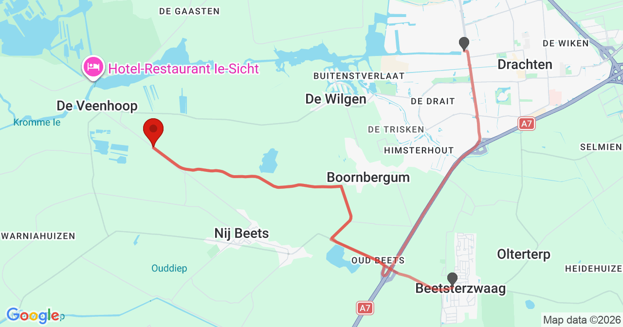Kaart van het incident in De Veenhoop met de aanrijroutes van de gealarmeerde eenheden