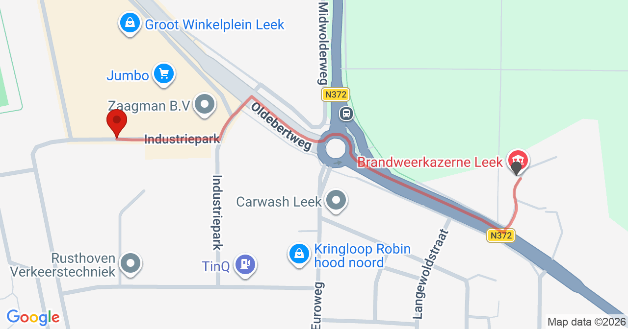 Kaart van het incident in Leek met de aanrijroutes van de gealarmeerde eenheden