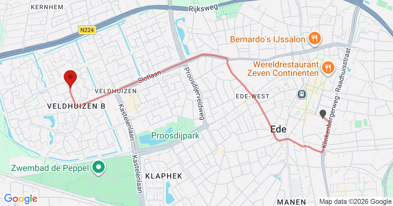 Kaart van het incident in Ede met de aanrijroutes van de gealarmeerde eenheden