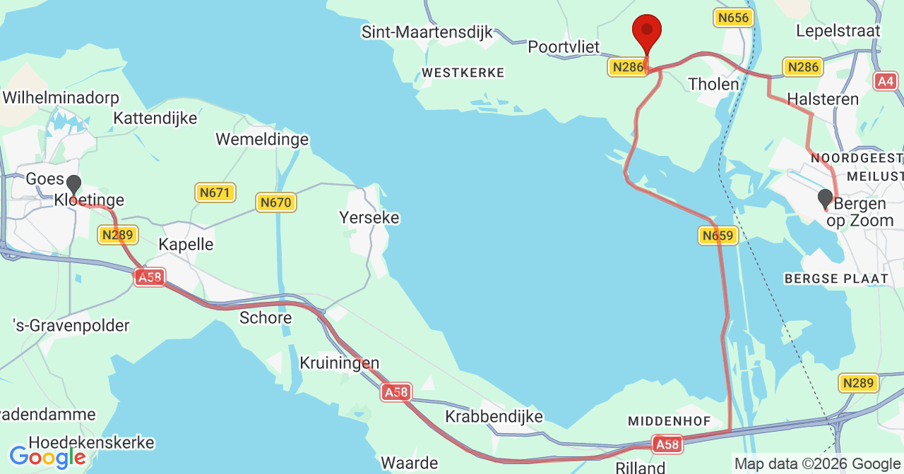 Kaart van het incident in Tholen met de aanrijroutes van de gealarmeerde eenheden