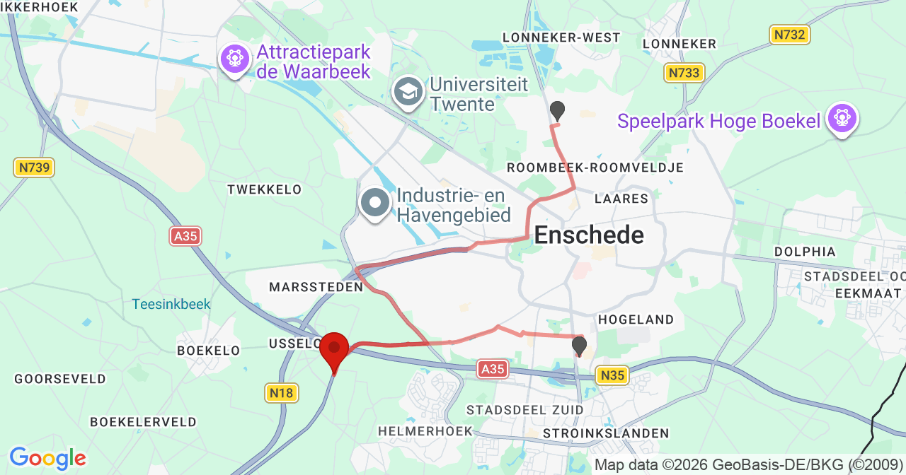 Kaart van het incident in Enschede met de aanrijroutes van de gealarmeerde eenheden