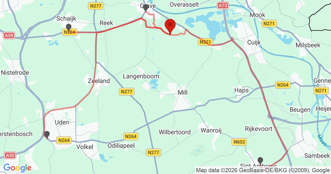 Kaart van het incident in Gassel met de aanrijroutes van de gealarmeerde eenheden