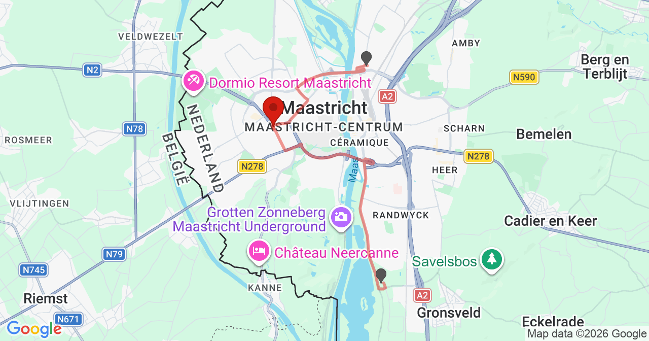 Kaart van het incident in Maastricht met de aanrijroutes van de gealarmeerde eenheden
