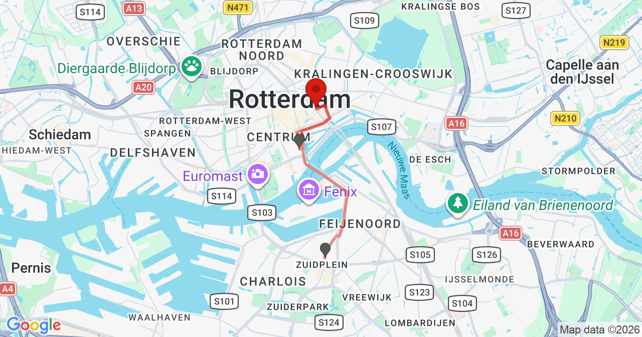 Kaart van het incident in Rotterdam met de aanrijroutes van de gealarmeerde eenheden
