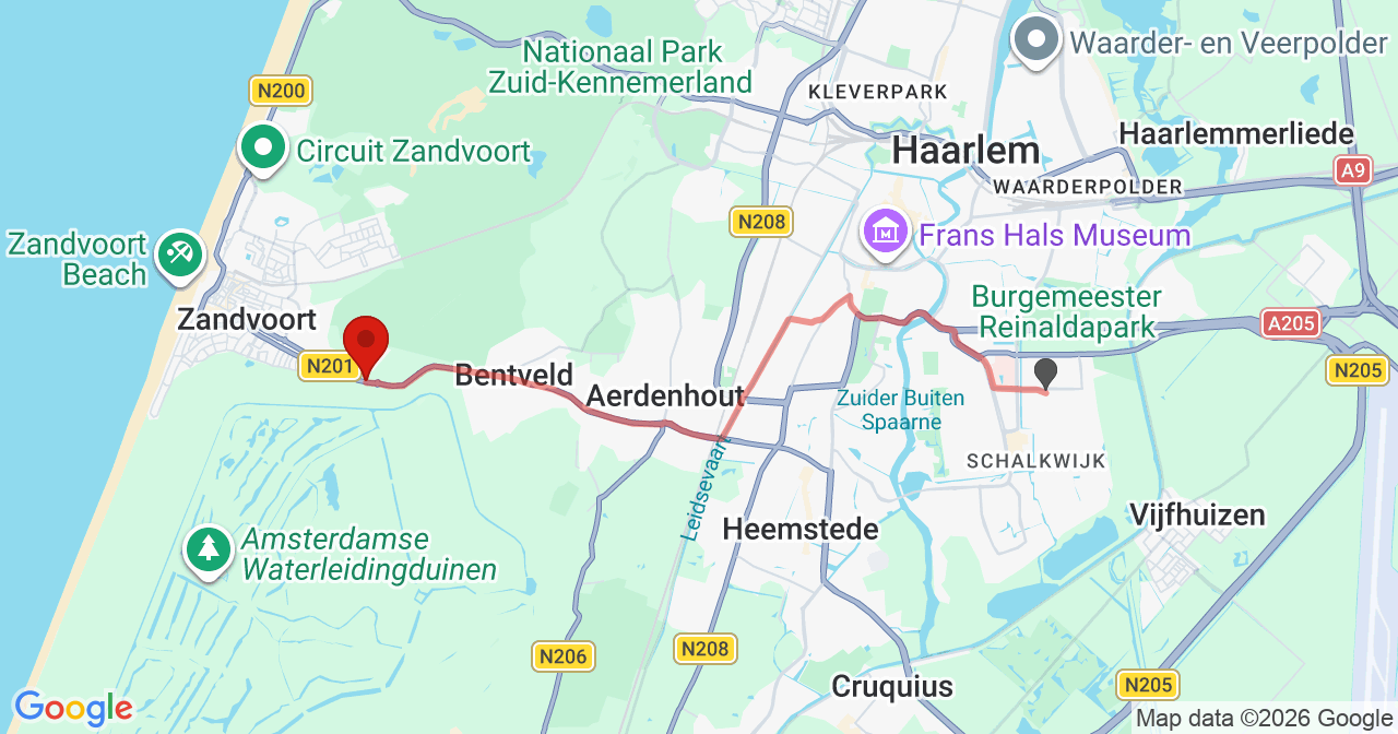 Kaart van het incident in Zandvoort met de aanrijroutes van de gealarmeerde eenheden