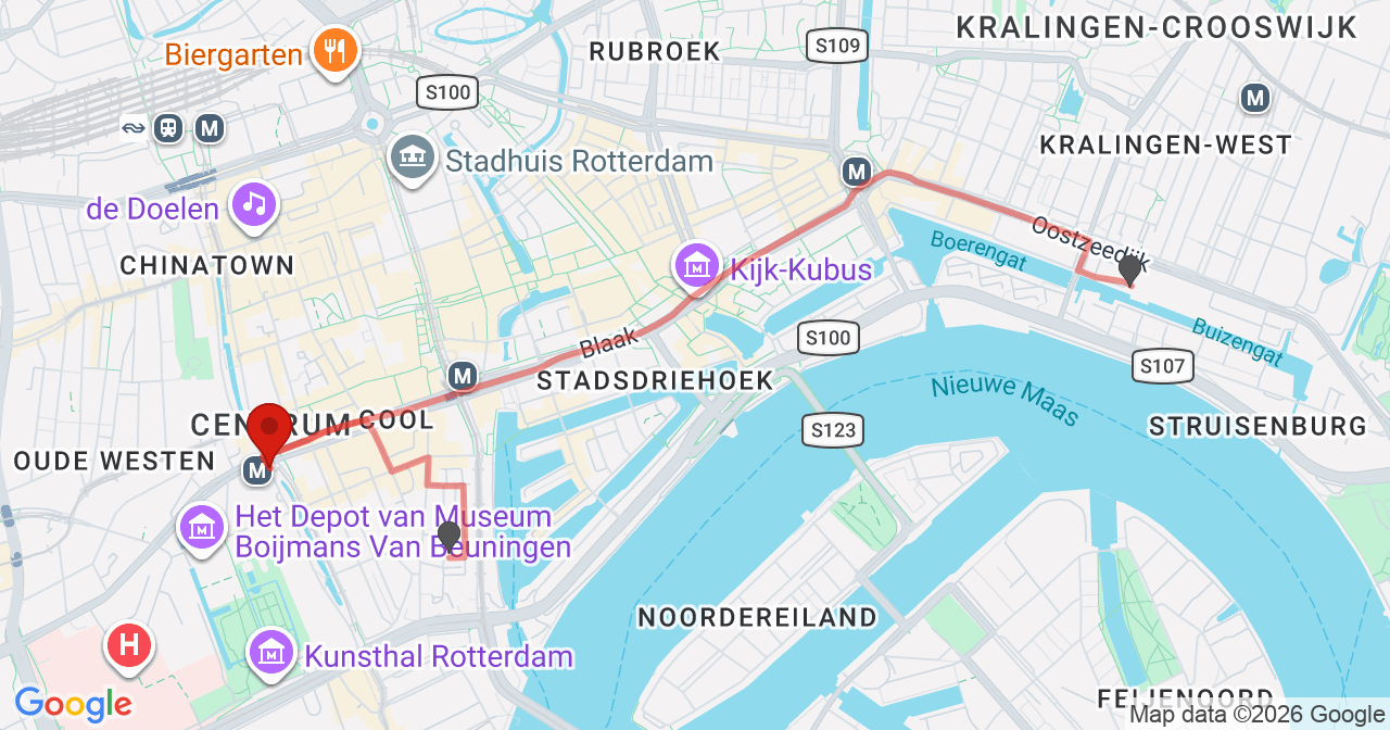 Kaart van het incident in Rotterdam met de aanrijroutes van de gealarmeerde eenheden