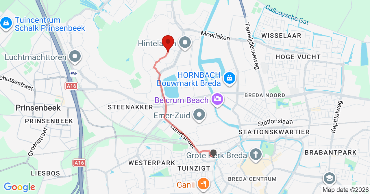 Kaart van het incident in Breda met de aanrijroutes van de gealarmeerde eenheden