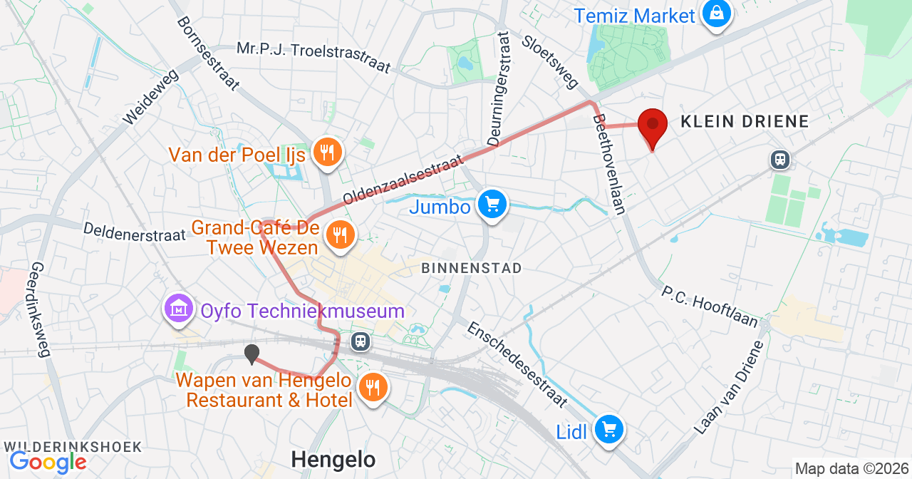 Kaart van het incident in Hengelo met de aanrijroutes van de gealarmeerde eenheden