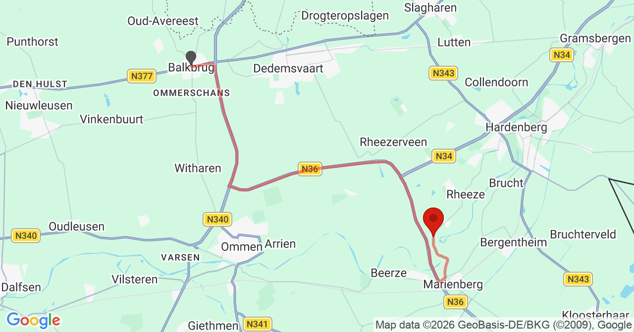 Kaart van het incident in Diffelen met de aanrijroutes van de gealarmeerde eenheden