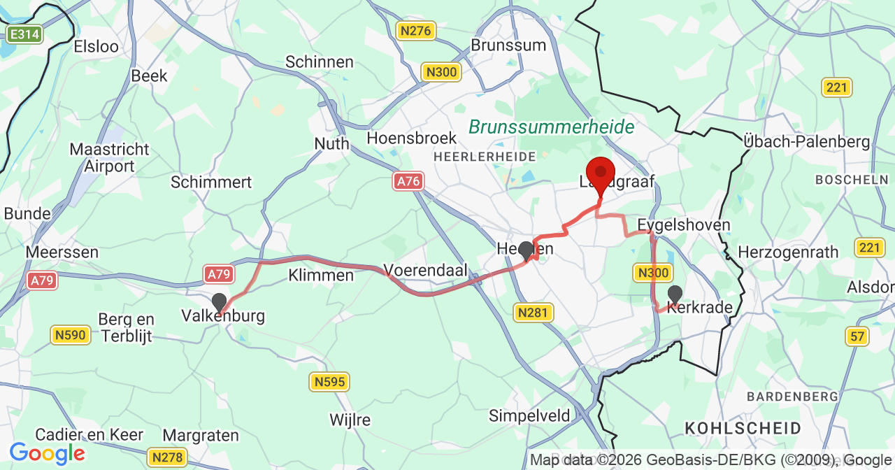 Kaart van het incident in Landgraaf met de aanrijroutes van de gealarmeerde eenheden