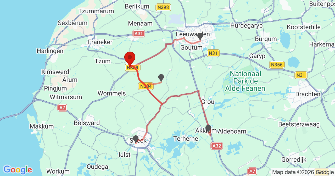 Kaart van het incident in Winsum Fr met de aanrijroutes van de gealarmeerde eenheden
