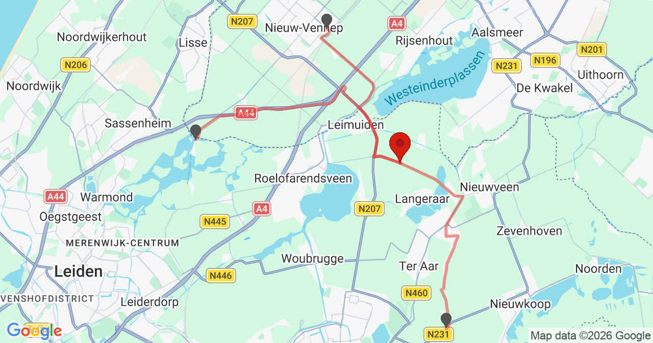 Kaart van het incident in Leimuiden met de aanrijroutes van de gealarmeerde eenheden