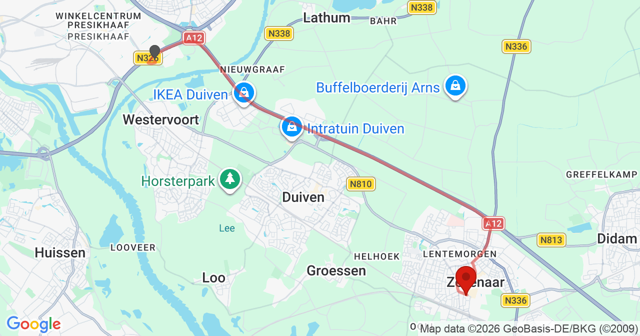 Kaart van het incident in Zevenaar met de aanrijroutes van de gealarmeerde eenheden
