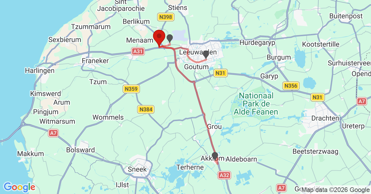 Kaart van het incident in Marsum met de aanrijroutes van de gealarmeerde eenheden