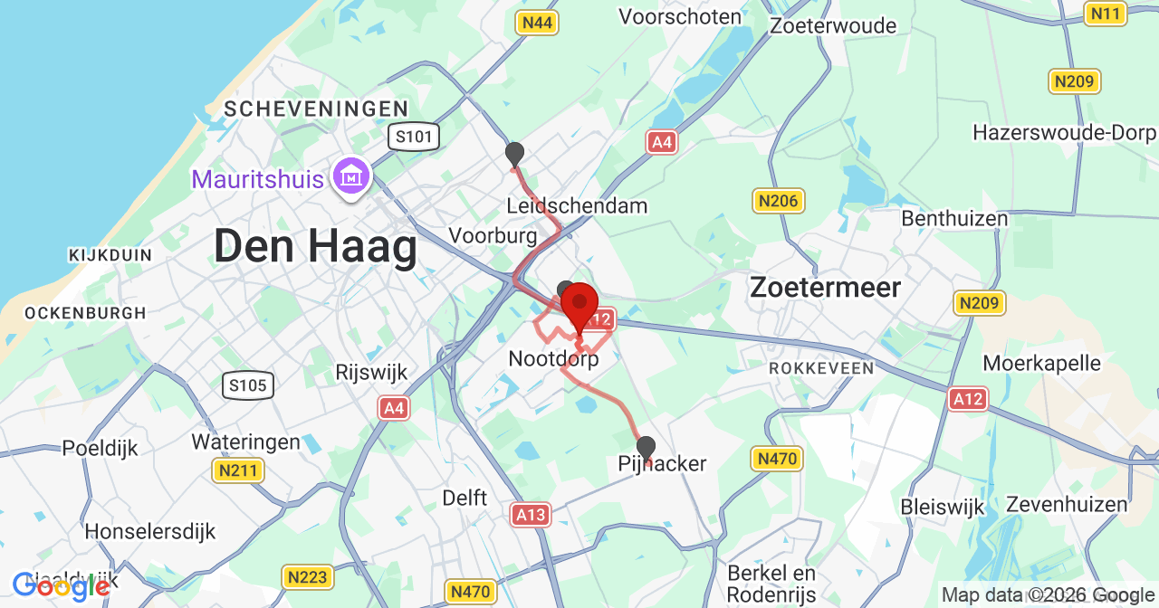 Kaart van het incident in Nootdorp met de aanrijroutes van de gealarmeerde eenheden