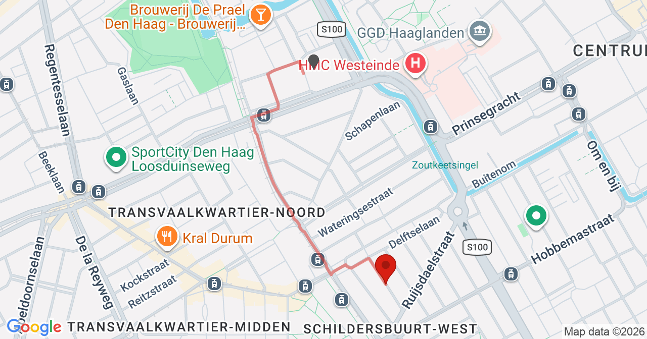 Kaart van het incident in 's-Gravenhage met de aanrijroutes van de gealarmeerde eenheden