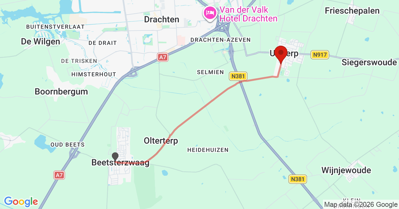 Kaart van het incident in Ureterp met de aanrijroutes van de gealarmeerde eenheden