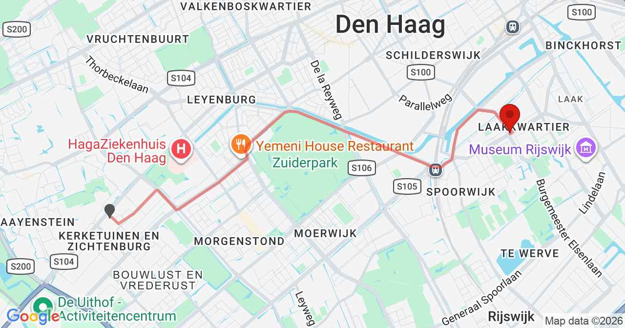 Kaart van het incident in 's-Gravenhage met de aanrijroutes van de gealarmeerde eenheden