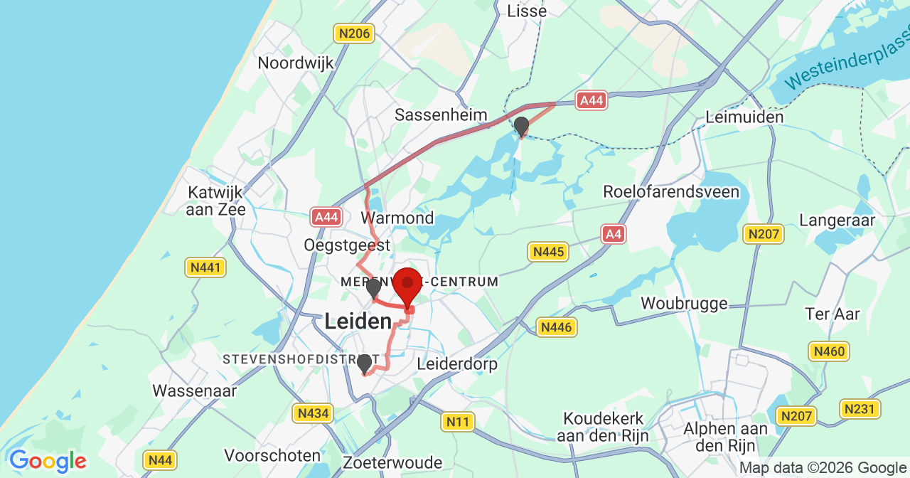 Kaart van het incident in Leiden met de aanrijroutes van de gealarmeerde eenheden