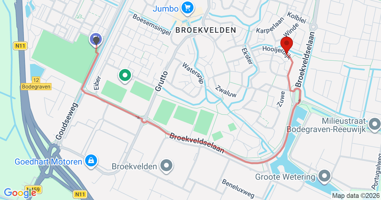 Kaart van het incident in Bodegraven met de aanrijroutes van de gealarmeerde eenheden