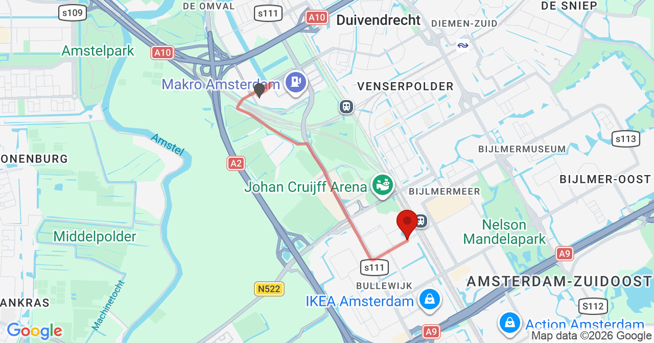 Kaart van het incident in Amsterdam met de aanrijroutes van de gealarmeerde eenheden