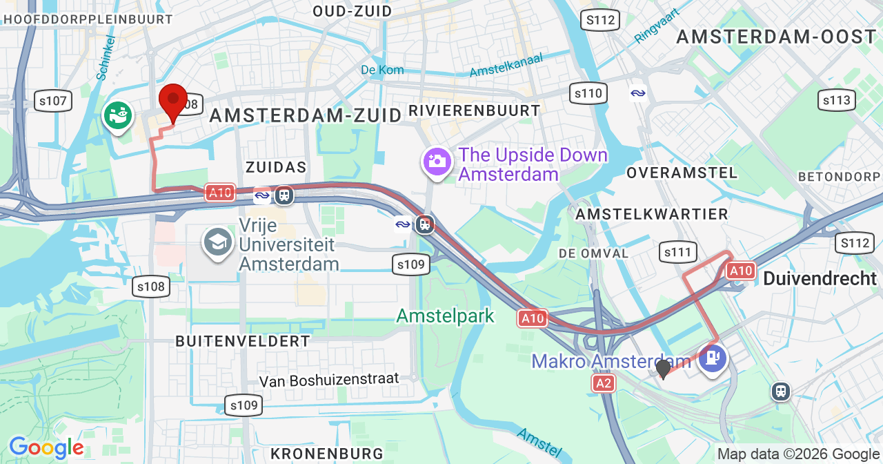 Kaart van het incident in Amsterdam met de aanrijroutes van de gealarmeerde eenheden