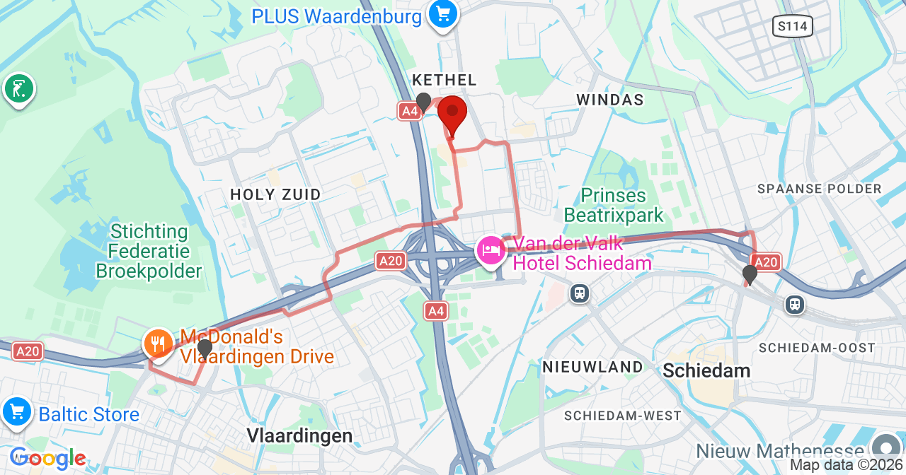 Kaart van het incident in Schiedam met de aanrijroutes van de gealarmeerde eenheden