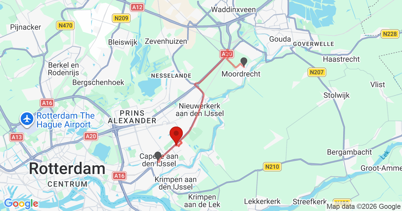 Kaart van het incident in Capelle aan den IJssel met de aanrijroutes van de gealarmeerde eenheden