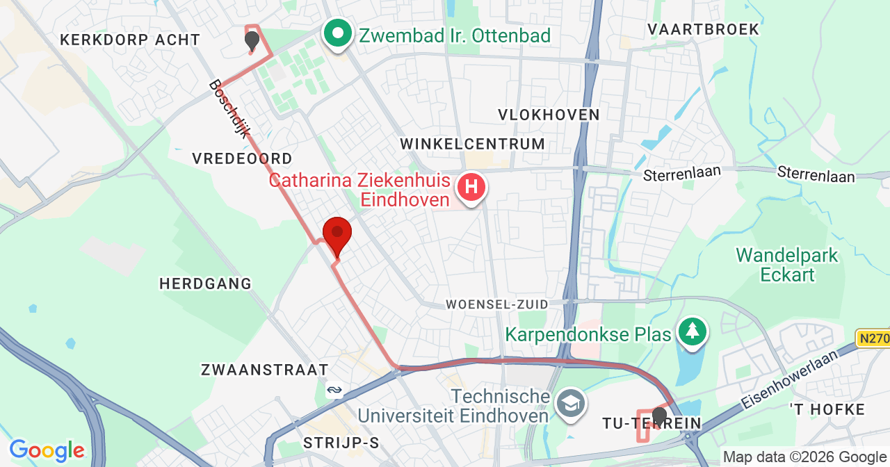 Kaart van het incident in Eindhoven met de aanrijroutes van de gealarmeerde eenheden
